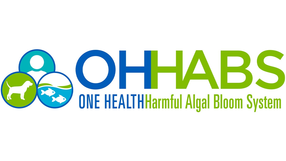 Icon image that includes a dog, fish, and a person with text that reads," one health harmful algal bloom system".