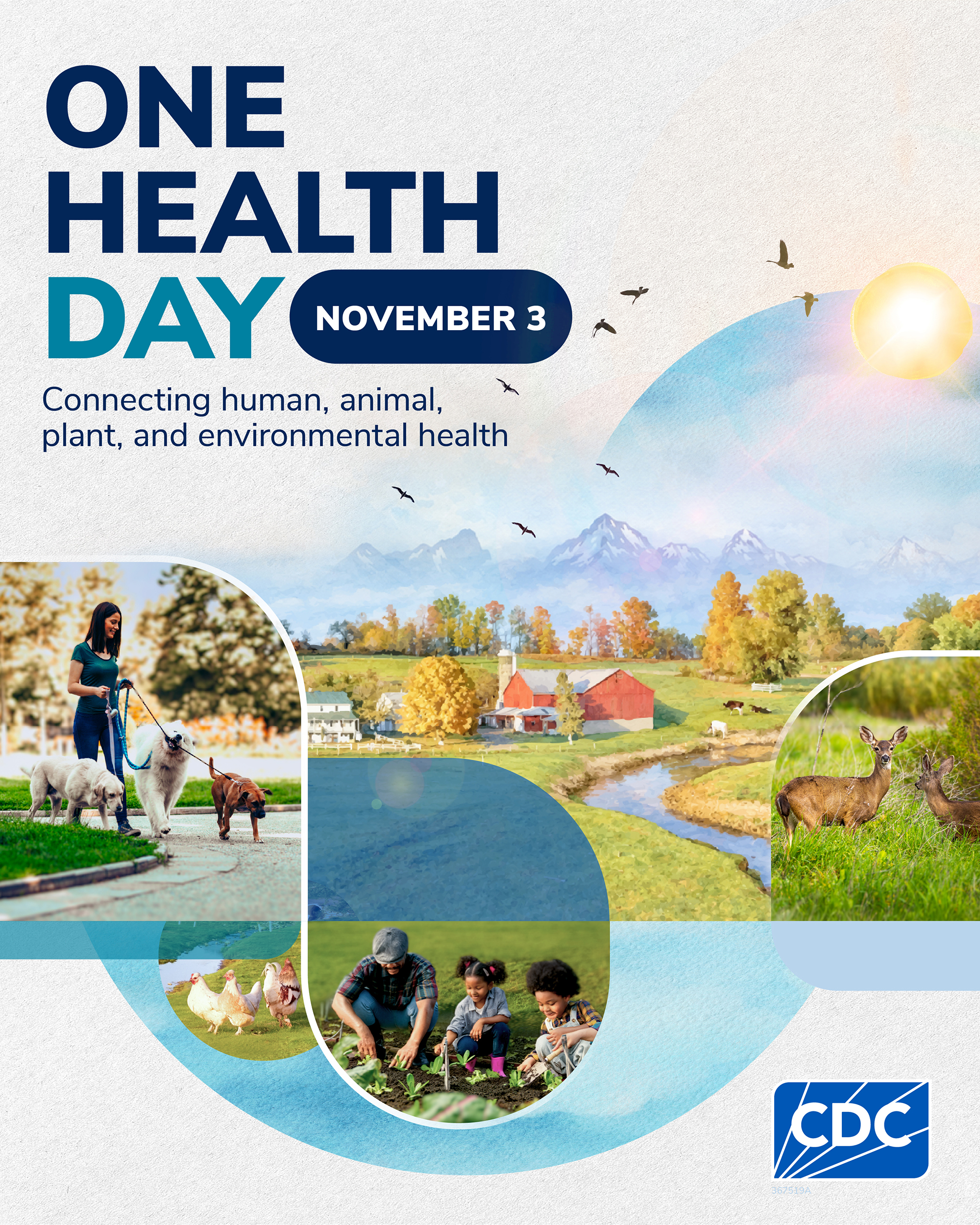 One Health Day is November 3. The graphic reads, “Connecting human, animal, plant, and environmental health,” and shows people with dogs, a farm, deer, chickens, and children gardening. CDC logo in the lower-right corner.