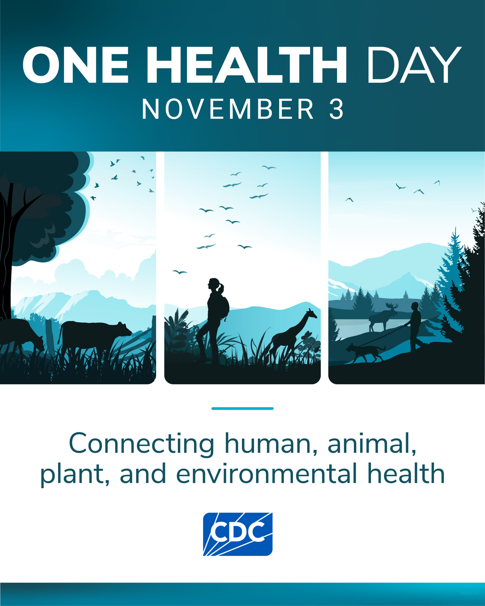 Three panel One Health banner depicting connections with cows grazing, a person hiking by some giraffes and another person walking their dog. Text reads, One Health Day, November 3. Connecting human, animal, plant and environmental health.