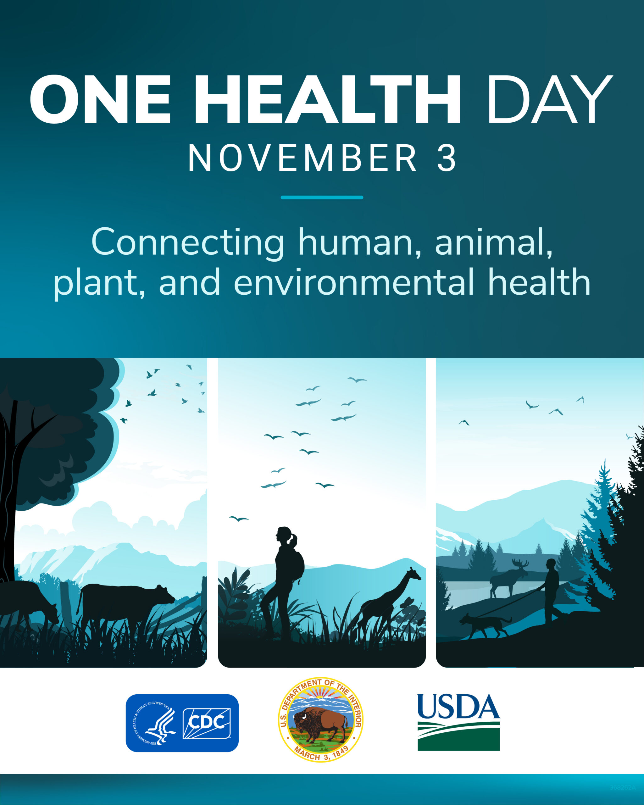 Three panel One Health banner depicting connections with cows grazing, a person hiking by some giraffes and another person walking their dog. Text reads, One Health Day, November 3. Connecting human, animal, plant and environmental health.