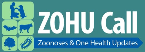 ZOHU Call logo with five blue-hued illustrations. The first image has a person kneeling and playing with a dog. The second image is a bat, the third is a cow, the fourth is a tree, and the fifth is of microscope germ.