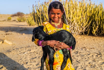 A girl smiles at the camera while holding a black baby goat