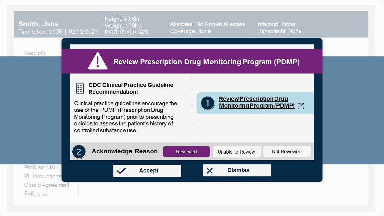 Sample of EHR Alert reminding a clinician to review the Prescription Drug Monitoring Program (PDMP).