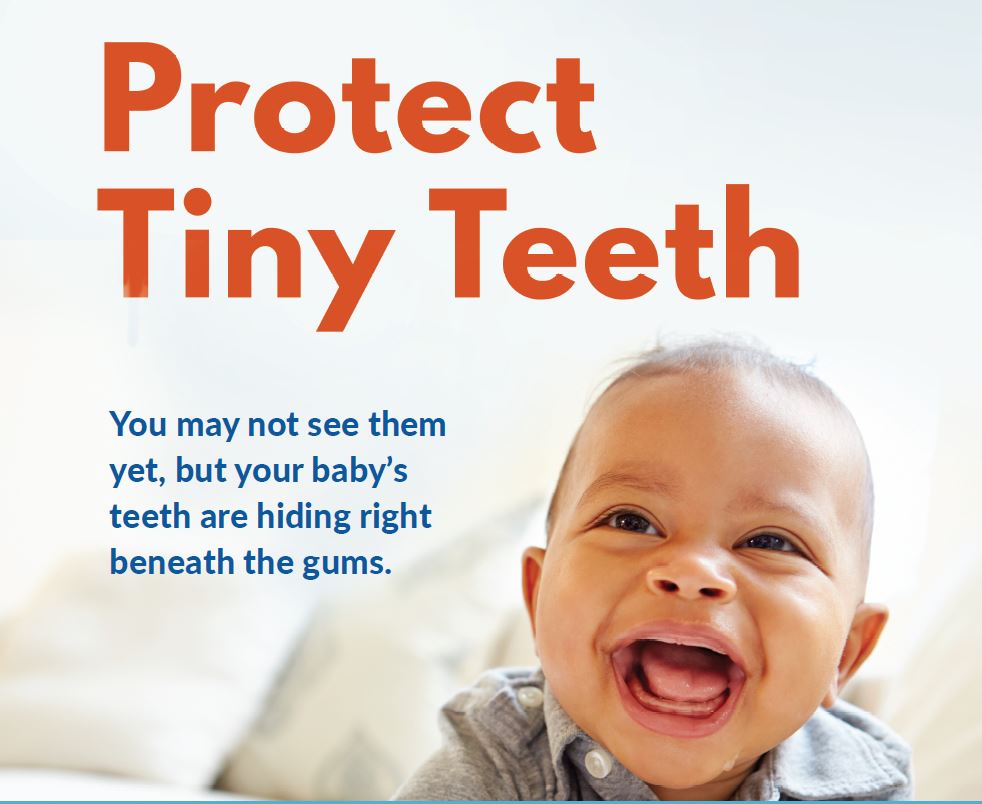 A picture of a smiling baby next to the words “Protect Tiny Teeth: You may not see them yet, but your baby's teeth are hiding right beneath the gums.”