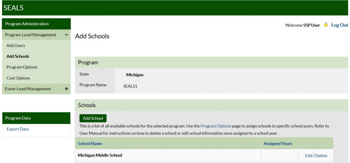 Screenshot of Add Schools task for Program Administration