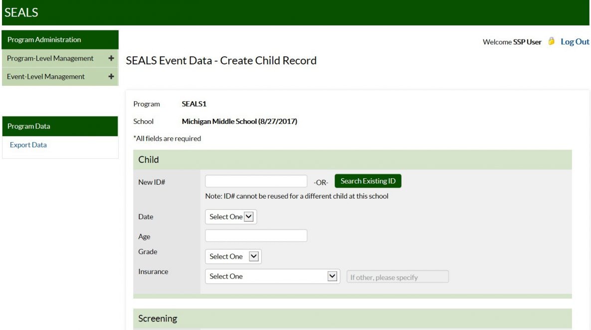 Screenshot of Create Child Record for SEALS Event Data