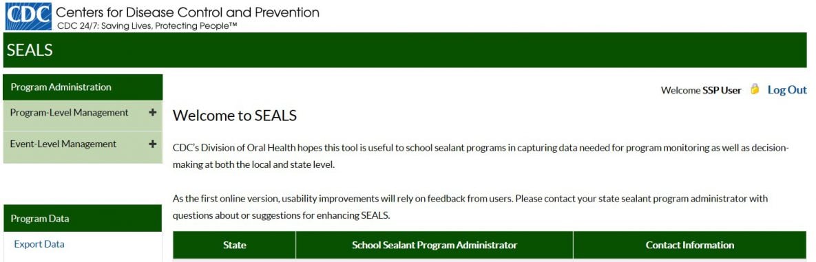 Screenshot of SEALS navigation selections. Program Administration and Program Data are indicated with arrows