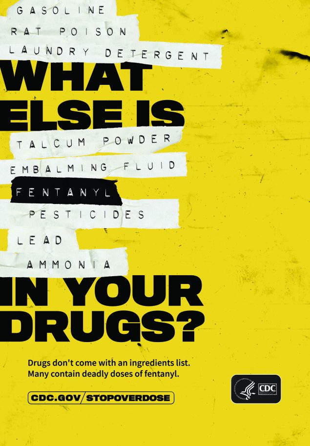 Bus shelter ad with content about ingredients that can be added to drugs to make them deadly.
