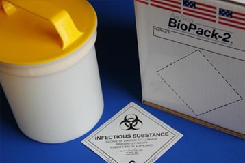 infectious substance biohazard warning stickers on containers