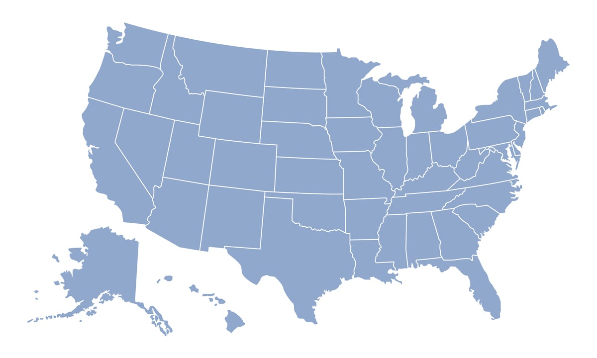 blue colored illustration of a map of the United States