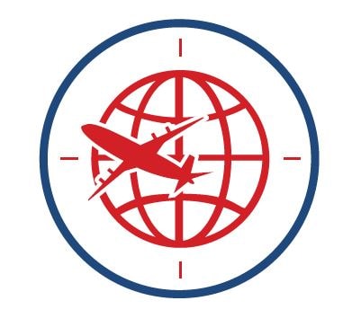 icon image of globe with a plane flying around it