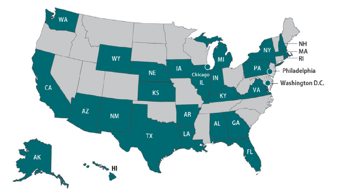 Map of United States highlighting OutbreakNet Enhanced sites: Washington, Wyoming, California, Nebraska, Arizona, New Mexico, Texas, Kansas, Arkansas, Iowa, Louisiana, Indiana, Michigan, Kentucky, Virginia, Georgia, Alabama, Illinois, Chicago, Pennsylvania, Philadelphia, Florida, New York, New Hampshire, Rhode Island, Massachusetts, Washington DC