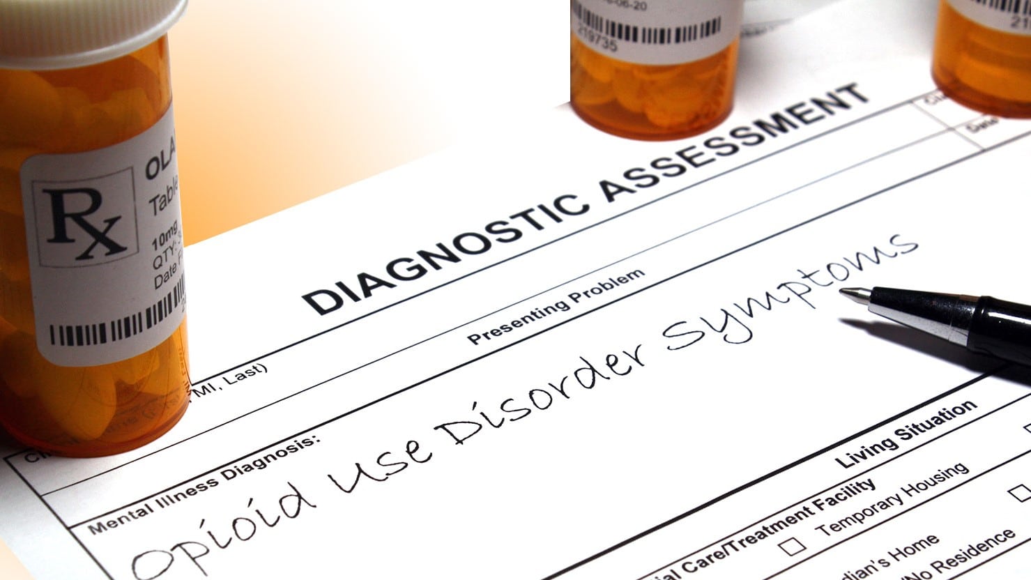 A diagnostic assessment with opioid use disorder symptoms written on it.