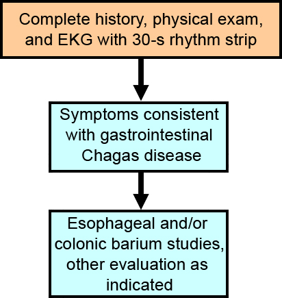 This image is the part of the flowchart that deals with patients with signs of Chagas gastrointestinal disease. The text explains and expands upon the image and a full explaination was given on page 8.