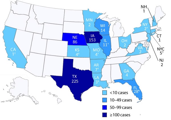 Cyclosporiasis cases notified to CDC, by state