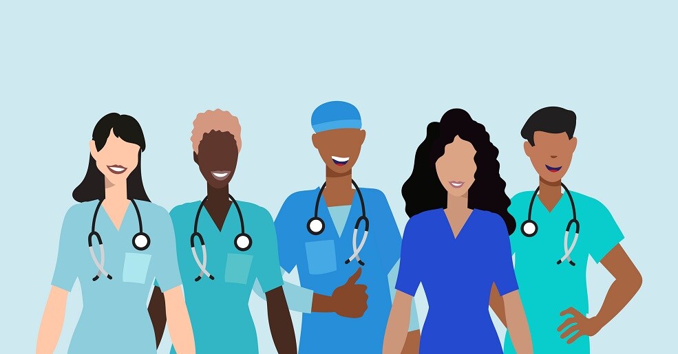Medical staff of smiling men and women. Illustration in flat style.