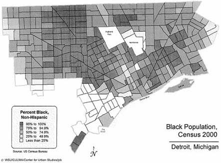 This map shows the counties of Detroit to have a predominantly black population.