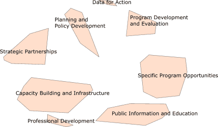 This figure shows a cluster map of the eight healthy aging groups identified by the participants. The clusters are arranged in a circle. Beginning at the top of the circle, the clockwise order of the clusters is as follows: 1) data for action, 2) program development and evaluation, 3) specific program opportunities, 4) public information and education, 5) professional development, 6) capacity building and infrastructure, 7) strategic partnerships, and 8) planning and policy development.