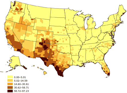 Map of the United States showing the percentage distributions of Hispanic or Latino adults aged 18 years and older. The highest percentages (58.72% to 97.23%) are found primarily in the southwestern United States and southern Florida.