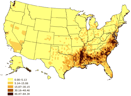 Map of the United States showing percentage of black or African American adults aged 18 and older, United States. The greatest percentages (48.47%-84.34%) are located primarily in the southeastern United States.