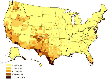 Map of the United States showing percentage of linguistically isolated Spanish-language households, United States. The greatest percentages (17.71%-33.69%) are located in the southwestern United States and southern Florida.