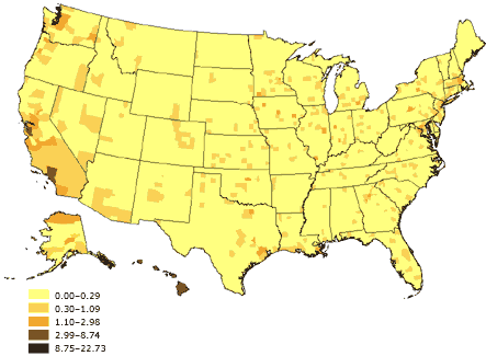 Map of the United States showing percentage of linguistically isolated Asian-language or Pacific Island-language households, United States. The greatest percentages (8.75%-22.73%) are located along the Pacific coast.