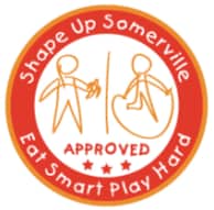 Image of decal. Text in a circle reads "Shape Up Sommerville: Eat Smart Play Hard" Inside the circle there are three stars and the text "Approved" beneath a drawing of two people exercising.