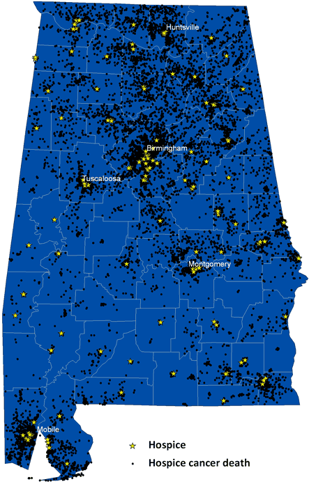 Map of Alabama showing the locations of hospices and hospice cancer deaths, most of which are clustered around the population centers of Huntsville, Birmingham, Tuscaloosa, Montgomery, and Mobile.