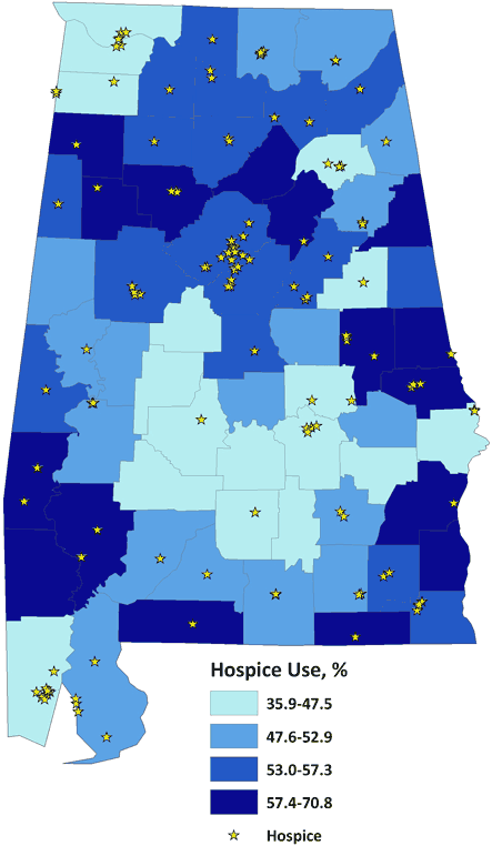 Map of Alabama showing the locations of hospices and rates of hospice use by county.