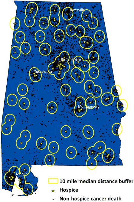 Map of Alabama showing cancer deaths among hospice nonusers. Also shown are locations of hospices with their 10-mile radii.