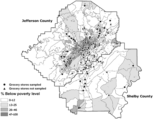 Map of sampled and unsampled grocery stores in Jefferson and Shelby counties, Alabama, by percentage of residents who live below the poverty level.