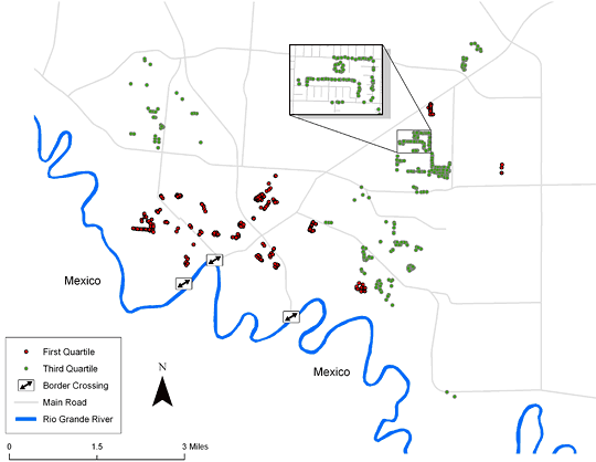 The map shows the location of each household included in the analysis. In general, people in the lowest quartile are in the north and east, while people in the third quartile are closest to the river in the south. These are shown in relation to 3 border crossings, several main roads, and the Rio Grande River.