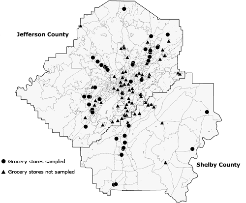 Map of sampled and unsampled grocery stores in Jefferson and Shelby counties, Alabama.