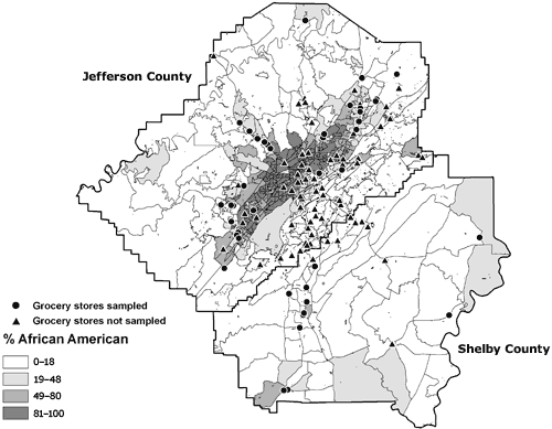 Map of sampled and unsampled grocery stores in Jefferson and Shelby counties, Alabama, by percentage of African American residents.