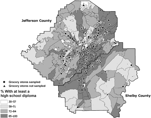 Map of sampled and unsampled grocery stores in Jefferson and Shelby counties, Alabama, by percentage of residents with at least a high school diploma.