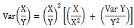 Var times the product of X over Y equals the product of X over Y squared times the product of the following quantities: X over the product of X squared plus Var Y over the product of Y squared