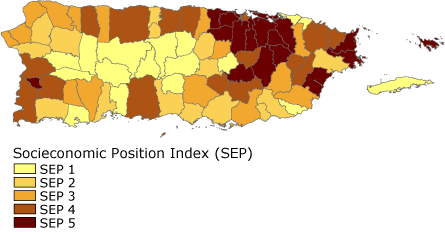 Map showing that SEP 1 areas are largely concentrated in the central region of Puerto Rico, and SEP 5 areas are concentrated in the San Juan metropolitan area.