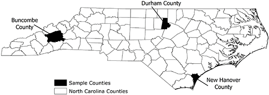 Map of counties included in this study: Buncombe County in Appalachia in the western part of the state, Durham County in the central part of the state, and New Hanover County on the Atlantic coast.