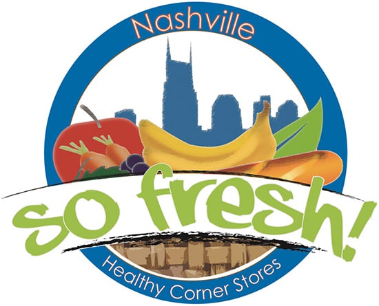 Nashville Healthy Corner Stores logo: an illustration of healthy foods, a city skyline, and the text “so fresh!”
