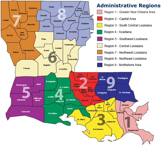A map of Louisiana agricultural districts showing the various codes and