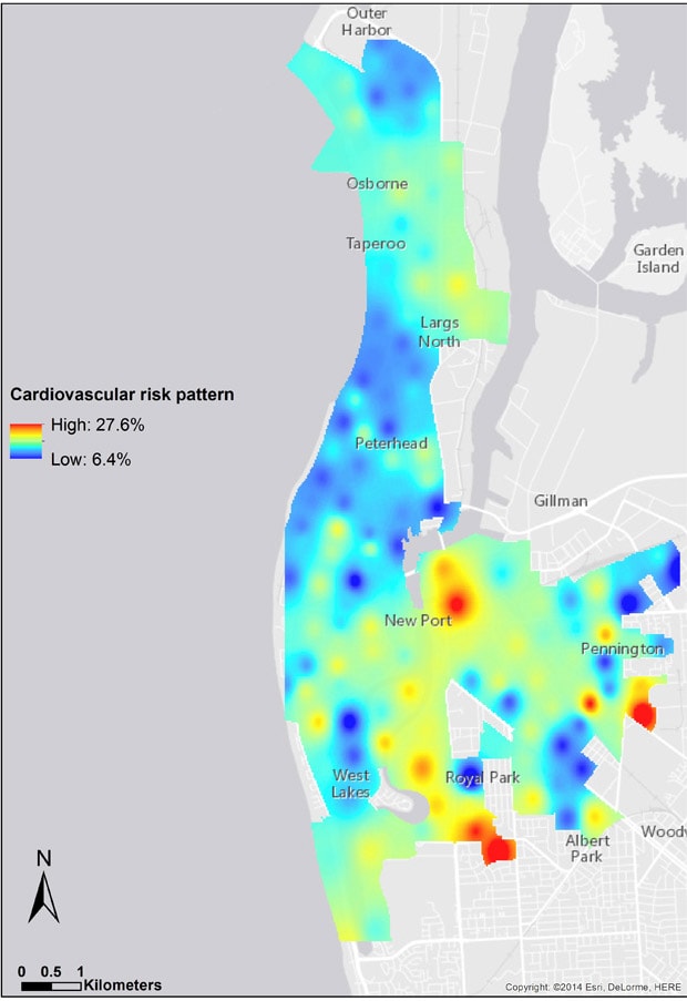 Smoothed pattern of cardiovascular disease risk in the study area, Adelaide, Australia, 2012