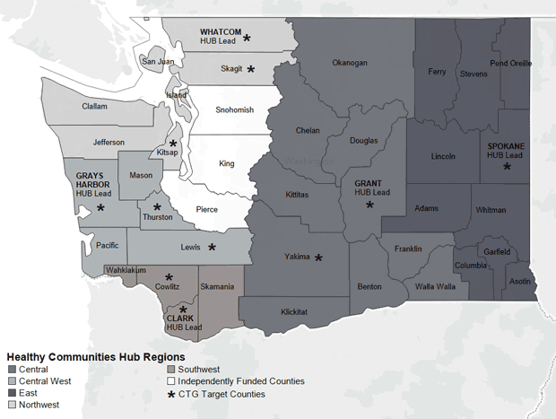 Regions used for Community Transformation Grant (CTG) implementation in Washington State, 2011–2014.