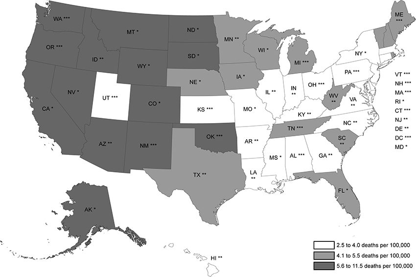 15_0200_01.gif State age-adjusted alcoholic cirrhosis mortality rates (men and women combined) and associated alcohol policy score tertiles. Mortality rates from 2010–2011 were compared with alcohol policy scores from 2008 to introduce a 2- to 3-year lag. States with the highest tertile of alcohol policy score (ie, strongest policy environment) are marked by 3 asterisks (***); the middle tertile, by 2 asterisks (**); and the lowest tertile, by a single asterisk (*).