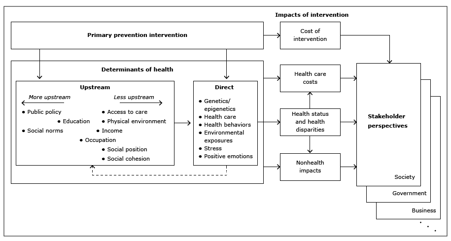 15_0363_01.gif High-level framework. A primary prevention intervention modifies health determinants to affect health, costs, and other factors. These effects are viewed differently from the perspectives of various stakeholder groups that can influence investment in the intervention.