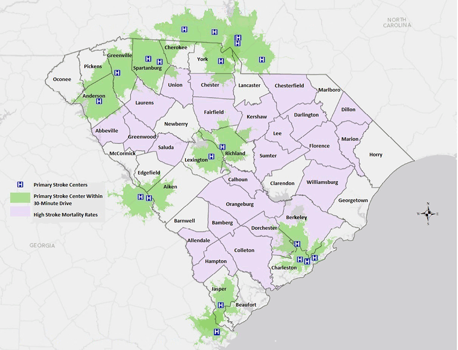  South Carolina primary stroke centers (PSCs) and the population within a 30-minute drive time (54% of the South Carolina population lives within a 30-minute drive of a PSC). 