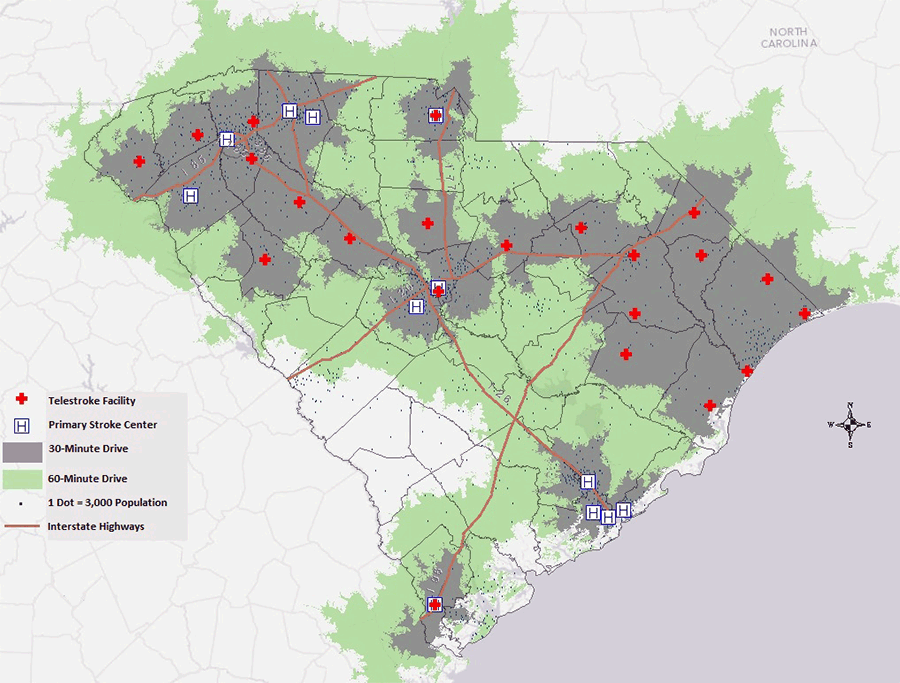 15_0418_02.gif South Carolina primary stroke centers and telestroke centers and the population within a 30-minute or 60-minute drive time (95% of the South Carolina population live within a 60-minute drive of a primary stroke center or a telestroke center, and 76% live within a 30-minute drive).