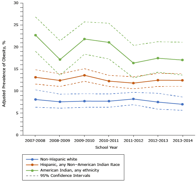 Adjusted annual prevalence of obesity, by race/ethnicity and school year, in a sample of kindergarten students in an Urban School District in the Southwestern United States, 2007–2014. Data adjusted for sex, free- or reduced-price lunch status, disability status, measurement date, and clustering by school. 
