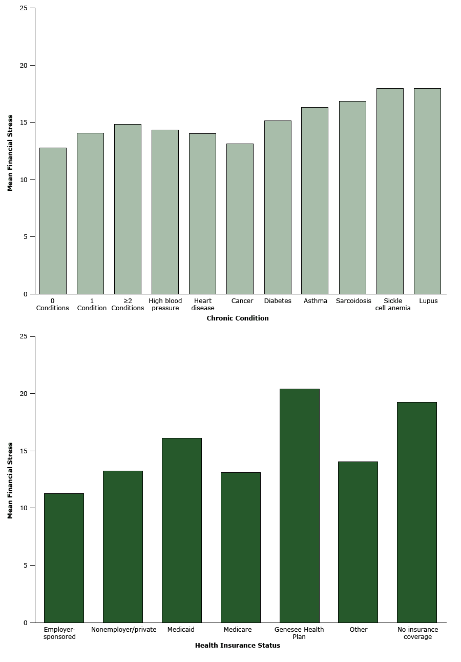 Mean level of financial stress, by chronic condition and health insurance status. Mean level of financial stress is a composite score based on 6 items; scores ranged from 1 to 30, with 1 indicating low levels of stress and 30 indicating levels of high stress. Speak to Your Health! Community Survey, 2011.