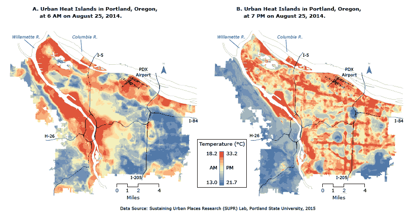 Empirically derived 1-m–resolution descriptions of (A) morning and (B) evening urban heat islands in Portland, Oregon, on August 25, 2014. Temperatures were recorded in 1-hour periods at 6 AM and 7 PM. In the morning, low-lying vegetation cover had the strongest effect on temperature; in the evening, temperatures were most strongly affected by variation in building heights. High-resolution data sets such as those used here can inform preparation for extreme heat events and public health interventions.