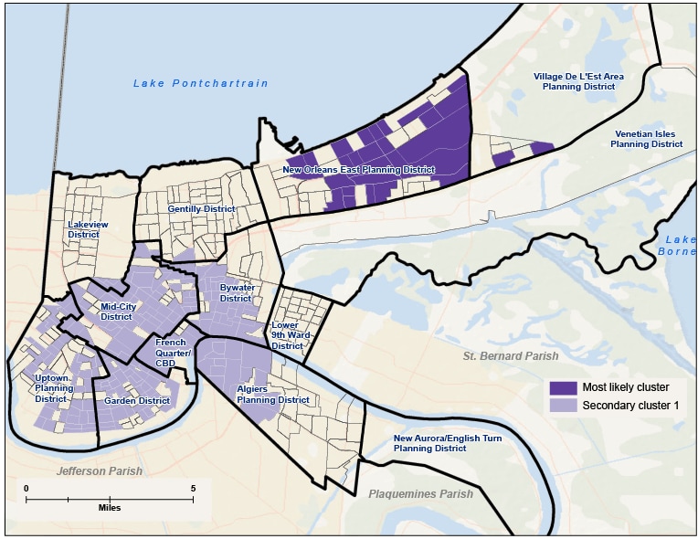 Pre-Katrina significant clusters of hospitalizations for substance abuse disorders at the block group level calculated by using the discrete Poisson model with sex and age group as covariates, New Orleans, 2004. The most likely cluster (the cluster least likely to be due to chance) was the New Orleans East area with 316 block groups and a relative risk of .38 compared with the city as a whole. The next highest was central New Orleans with a relative risk of 1.83. 